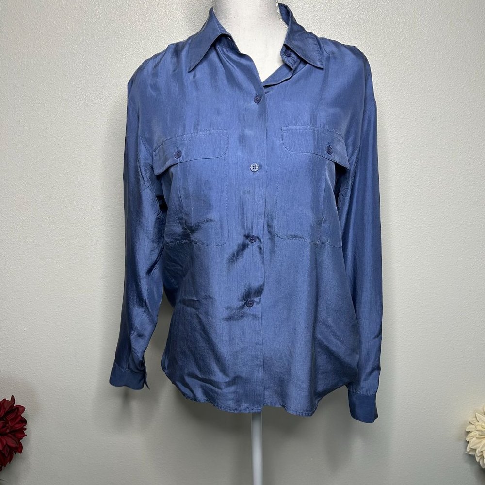 Avon Fashions Blue Silk Button Front Top